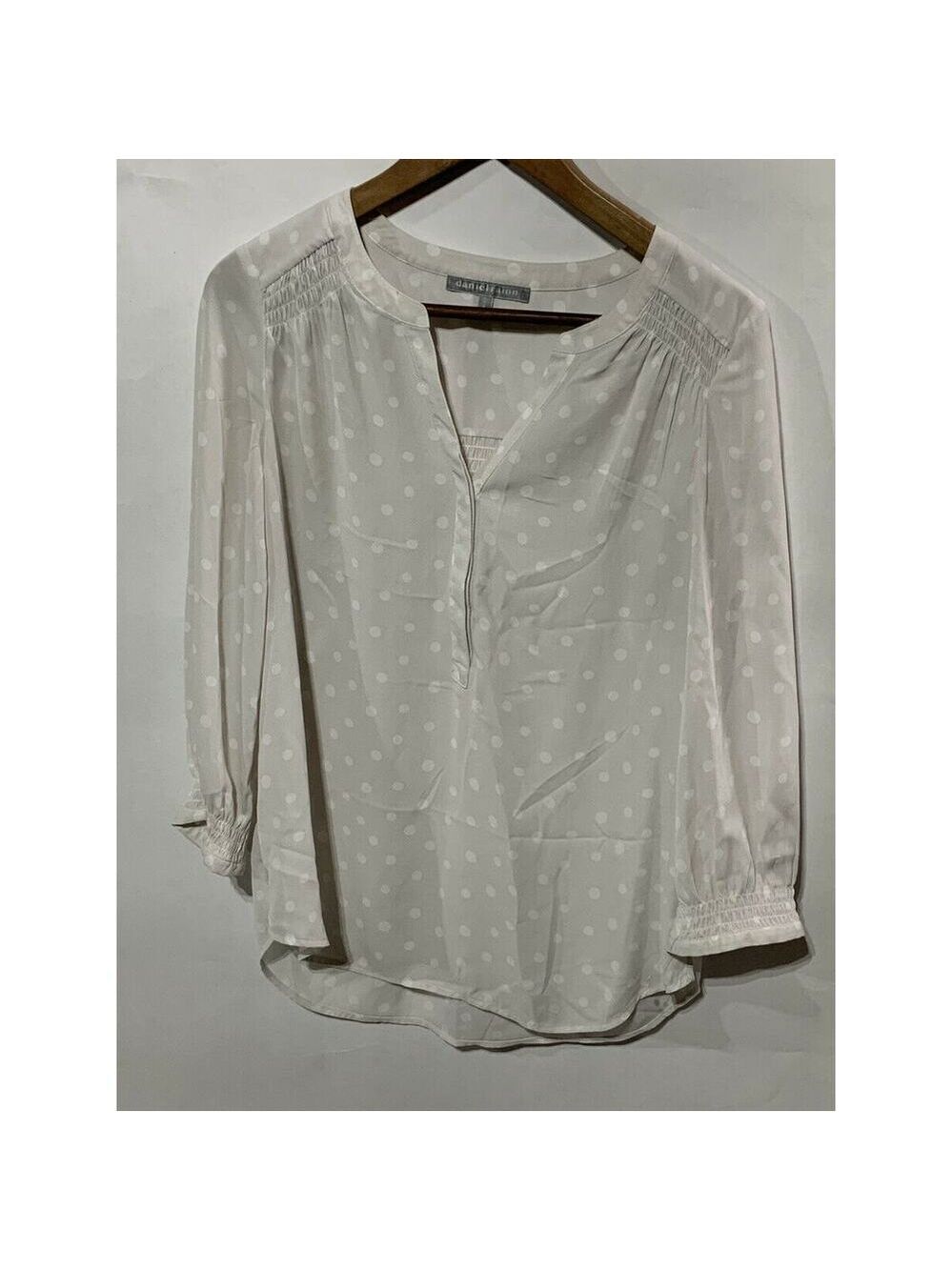 Daniel Rainn Sz S Women Gray Sheer Peasant Boho Blouse Insets polka dot